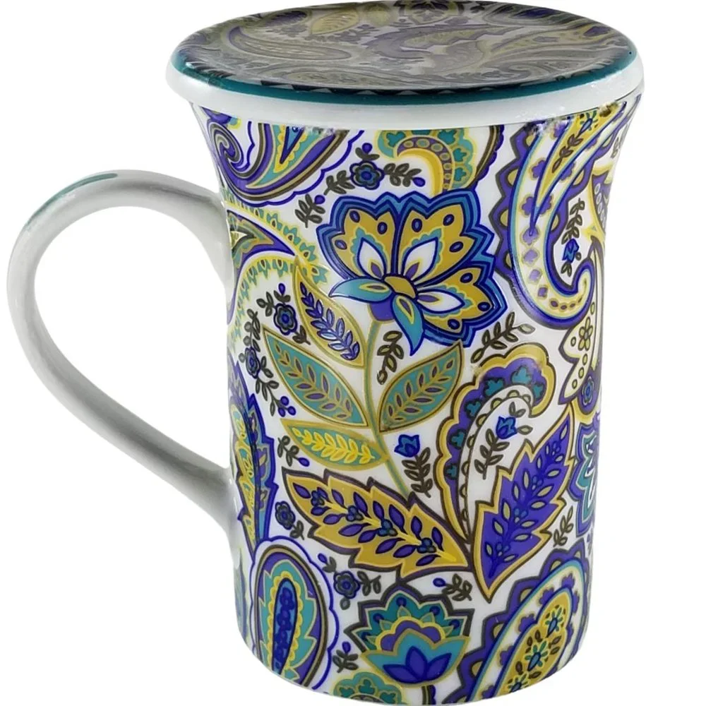 Lidded Tall 8oz Coffee Mug Gift Box Porcelain Blue/Yellow Paisley Floral B&N Mug - Picture 5 of 12